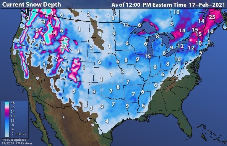 Current snow depth US map 17-02-21