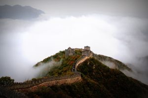 Great wall of China surrounded by fog