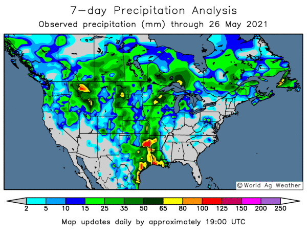 7 day observed precipitation North America