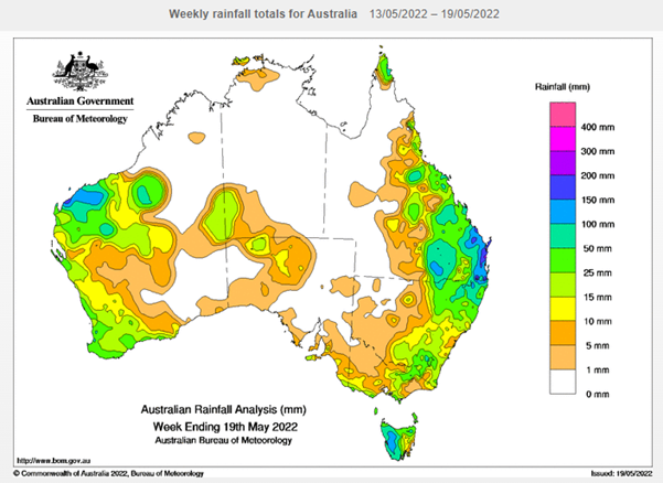 Weekly 7 day rainfall amounts for Australia