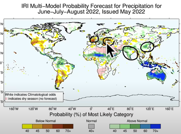 IRI Mutli-model probability forecast for precipitation for June-August 2022